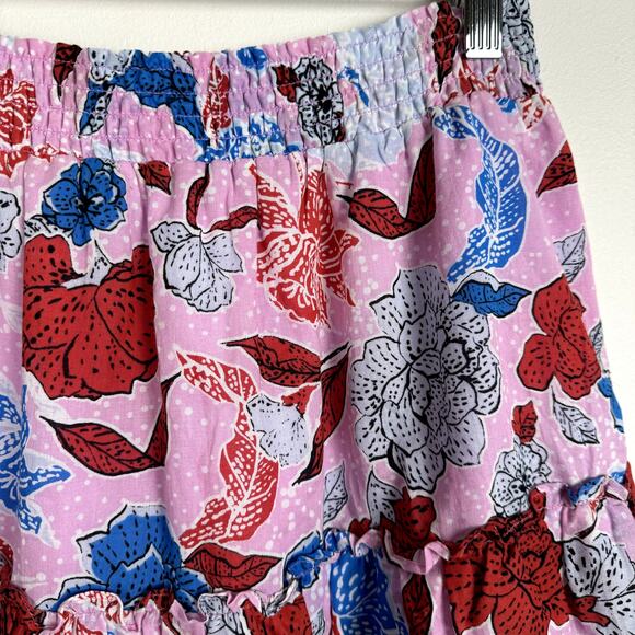 BB Dakota Steve Madden Skirt M Pink Blue Floral Tiered Ruffle First Class Mini - Picture 6 of 11